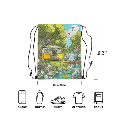 Water Resistant Drawstring Backpack For Camping And Travel With Watercolor Flower Landscape Print, Lightweight 7 Ounce Sackpack shown