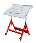 Built Tough Carbon Steel Folding Welding Workbench Table With Adjustable Height And Angles Featuring Three Wide T Slots For Easy Fixture Setup And Rock Solid Four Hundred Pound Capacity, red frame with metal top.