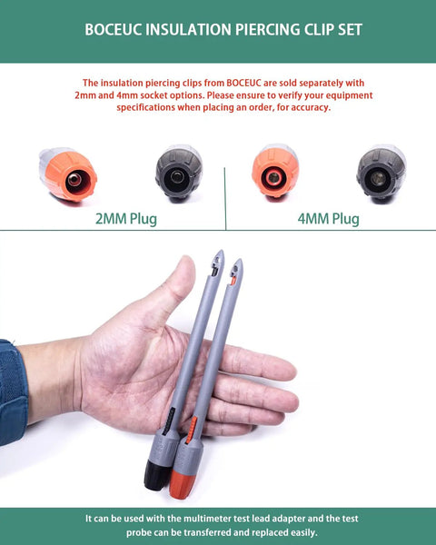 Heavy Duty Wire Piercing Probe Clip Set For Multimeters, 4mm Push On Banana Plug Leads, Insulation Piercing Clips held in hand