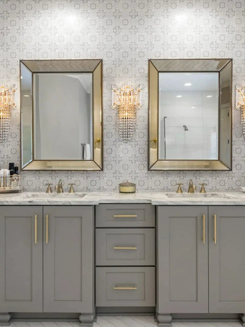 Brass Wall Sconce With Crystal Strings And Glass Bars Dimmable Two Layer Light Head Adjustable Beam Lit Glam Lighting For Bedroom Or Bathroom Easy Style Upgrade next to bathroom mirrors