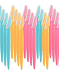 24 Pack Eyebrow Razors With Precision Covers For Safe Facial Hair Removal And Neat Trimming Multipurpose Blades in pink, yellow, and blue.