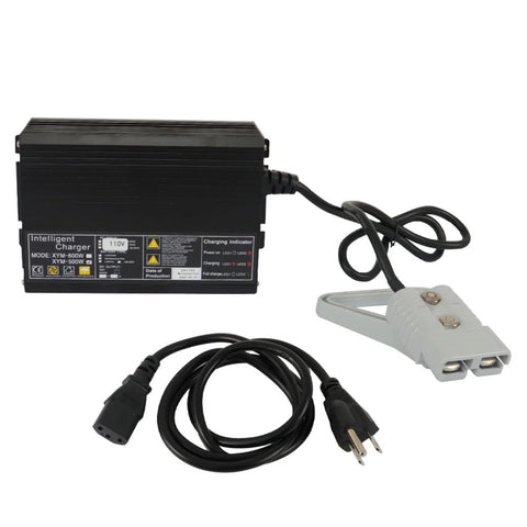 24V 15A Floor Scrubber And Pallet Jack Battery Charger With SB175 Red Connector shown with power cords and connectors
