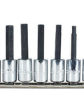 Three Eighths Inch Drive Metric Hex Bit Set, 7 Piece With Short Bits For Tight Spots, Alloy Steel Chrome Finish, on socket bar