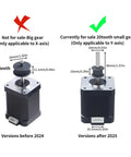 FYSETC Y-axis NEMA-17 stepper motor for K1 Max; black body, metal shaft; shows 36- and 20-tooth gears pre/post-2024/2025