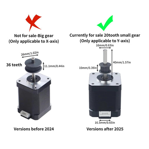 FYSETC Y-axis NEMA-17 stepper motor for K1 Max; black body, metal shaft; shows 36- and 20-tooth gears pre/post-2024/2025
