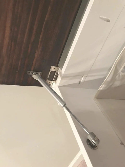 Damn Solid 10 Pack 100N Gas Struts Smooth Pneumatic Cabinet Door Lift Supports Soft Close Hydraulic Hinges mounted on cabinet.
