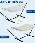 Two Person Outdoor Hammock With 12 Ft Steel Stand For Easy Setup No Trees Needed Portable Beach Patio Garden Chill Vibes 475 Lb Capacity Breathable Cotton Rope And Quilted Pad Weather Resistant Easy Fold Storage Case Included, with and without pad shown, on black stand.