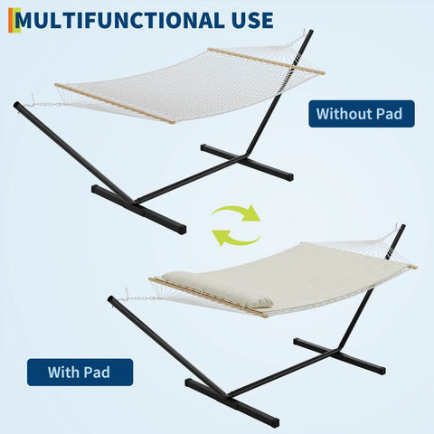 Two Person Outdoor Hammock With 12 Ft Steel Stand For Easy Setup No Trees Needed Portable Beach Patio Garden Chill Vibes 475 Lb Capacity Breathable Cotton Rope And Quilted Pad Weather Resistant Easy Fold Storage Case Included, with and without pad shown, on black stand.