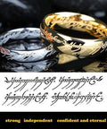 Gold and silver rings with engraved script, featuring strong independent confident and eternal message.