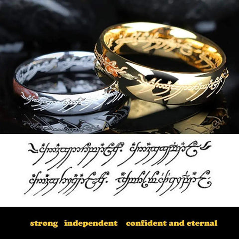 Gold and silver rings with engraved script, featuring strong independent confident and eternal message.