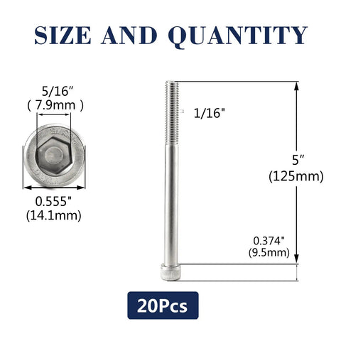 Tough As Nails 3/8-16 X 5 Inch Socket Head Cap Screws 20 Pack 304 Stainless Steel 18-8 Grade dimensions and measurements.