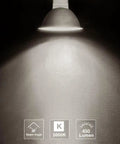 Heavy Duty MR16 LED Bulbs 6 Pack GU53 Bi Pin Base 5 Watt Replaces 50 Watt Halogen 5000K Daylight White 12 Volt Low Voltage Replacement Kit shines on wall.