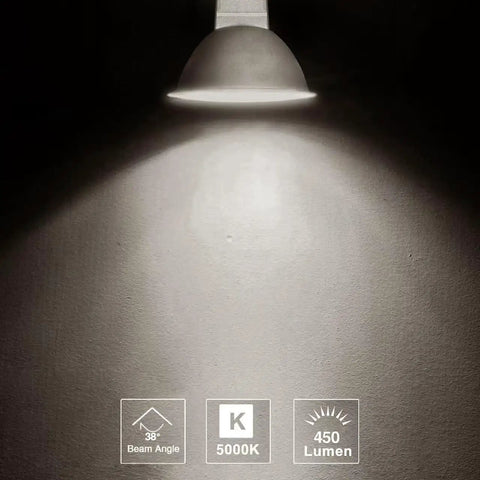 Heavy Duty MR16 LED Bulbs 6 Pack GU53 Bi Pin Base 5 Watt Replaces 50 Watt Halogen 5000K Daylight White 12 Volt Low Voltage Replacement Kit shines on wall.