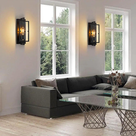 Living room with Set Of 2 Farmhouse Rustic Wall Sconces With Seeded Glass Lampshades In Matte Black Industrial E26 Hardwired
