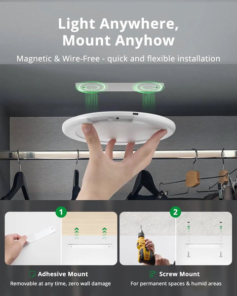 Installing 4 Pack Rechargeable Battery Operated Ceiling Light With Motion Sensor And Remote in a closet, magnetic mount shown