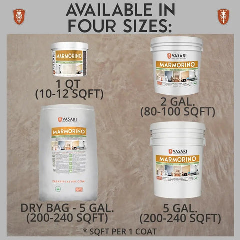 Four sizes of Lime Plaster And Marmorino Finish For Walls, Natural White, Fine Sand Texture, displayed in buckets and bags.