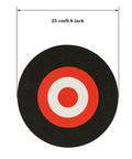 9 Inch Round EVA Foam Archery Target For Backyard Practice with black outer ring, red and white circles, measuring 9.8 inches.
