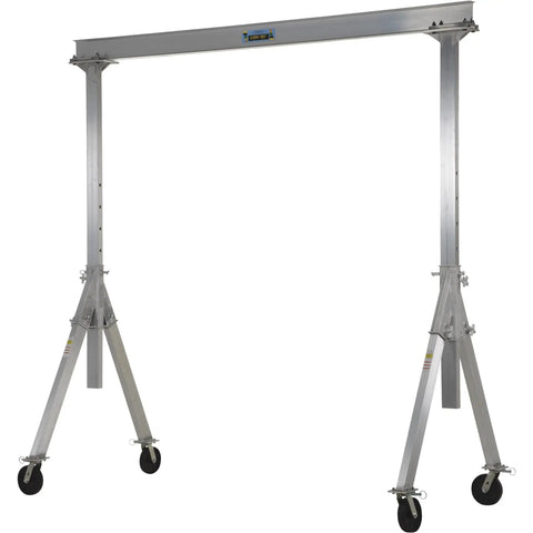 Solid Welded Aluminum Adjustable Gantry Crane 12 foot wide span with heavy-duty swivel casters for easy movement.