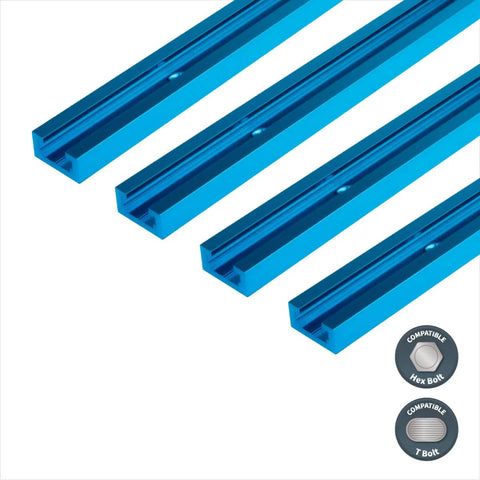 Set Of Four 48 Inch Universal T Track With Double Cut Profile And Pre Drilled Mounting Holes For Woodworking Jigs And Fixtures Made From Anodized Aluminum Lightweight Ideal For Drill Press Tables Router Tables And Workbenches, showing blue anodized aluminum tracks with bolt compatibility.