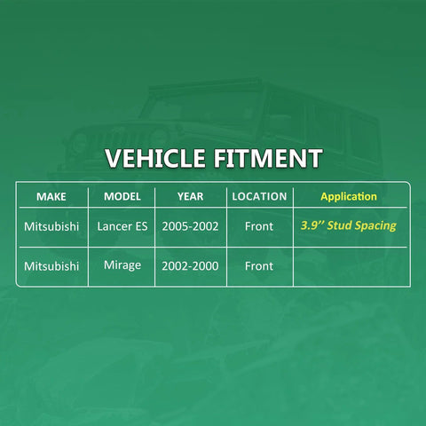 Vehicle fitment chart for Ready to Roll Wheel Hub Assembly and Bearing Kit for Mitsubishi Mirage 2000-2002 and Lancer ES 2002-2005.