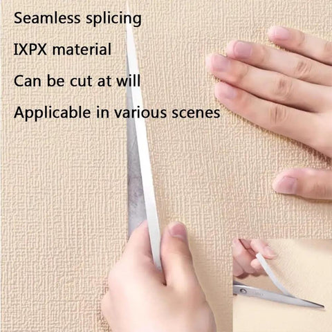 Hands cutting Stress Free Peel And Stick Wallpaper Roll, Removable Self Adhesive Vinyl With Thick Insulation Backing, DIY Accent Wall Glow Up For Laidback Home Vibes, Soft Pink Concrete Texture, Nine Millimeter.