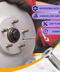 Mechanic installing 4 Pack Stainless Steel Brake Rotor Screws for Front and Rear Discs onto a car hub, showing close-up of tools.