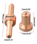 Two parts of 60-Piece Plasma Cutter Consumables Kit Fits PT-31 CT312 Cut 50 50A, pure copper nozzles with specific measurements.