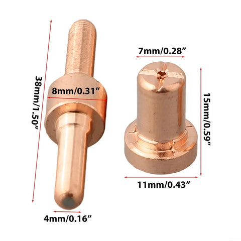 Two parts of 60-Piece Plasma Cutter Consumables Kit Fits PT-31 CT312 Cut 50 50A, pure copper nozzles with specific measurements.