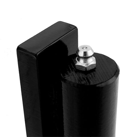 Close-up of a black 5-inch weld-on barrel gate hinge with silver bolt.