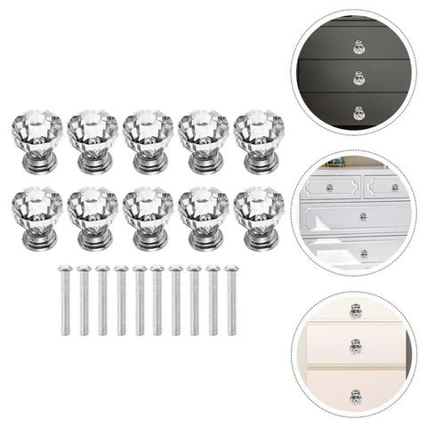 Crystal Acrylic Cabinet Knobs With Silver Base, 10 Pack Modern Drawer Pulls shown with screws and installed on cabinets.