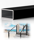 Badass Eight Foot Black Aluminum Handrail With Hella Tough Powder Coated Finish and All The Mounting Hardware You Gonna Need Plus Smooth Nylon Ends For Outdoor Decks close-up of the top rail