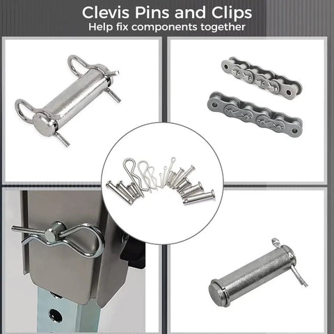 Beefed Up Heavy Duty Stainless Steel Clevis And Clip Kit With Organizer Box 122 Pcs Fastener Set shown with clevis pins and clips