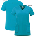 Fresh Fit V Neck Scrub Tops For Women All Day Comfy Teal Blue Addition Collection Uniforms Nurses Doctors Student Quick Dry Stretch Fabric Rock It Daily On Your Next Shift Today, front and back view, featuring pockets.
