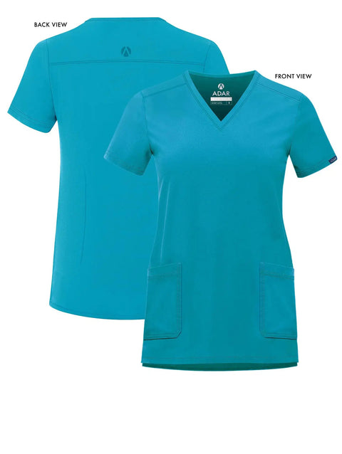 Fresh Fit V Neck Scrub Tops For Women All Day Comfy Teal Blue Addition Collection Uniforms Nurses Doctors Student Quick Dry Stretch Fabric Rock It Daily On Your Next Shift Today, front and back view, featuring pockets.