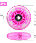 LED Light Up Inline Roller Skate Wheels Set For Indoor And Outdoor Cruising 8 Pack Pink, sizes with bearings visible.