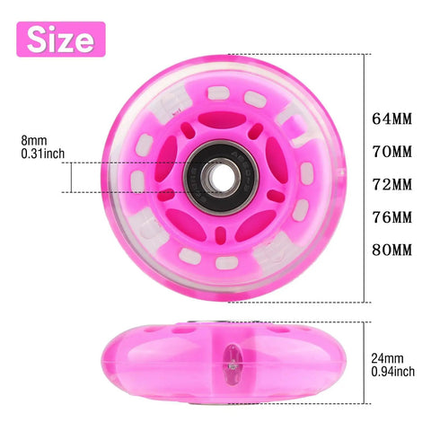 LED Light Up Inline Roller Skate Wheels Set For Indoor And Outdoor Cruising 8 Pack Pink, sizes with bearings visible.