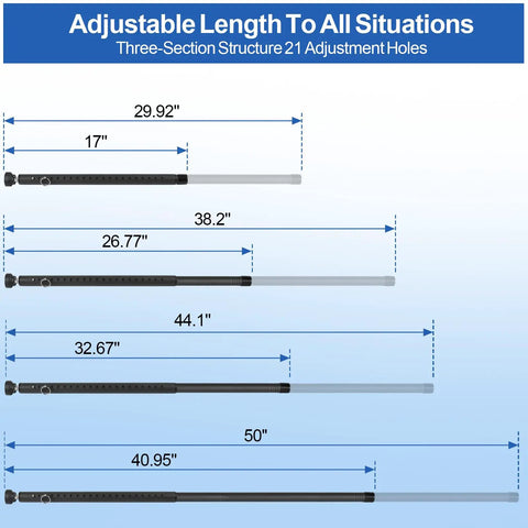 Adjustable lengths of Rock Solid Adjustable Sliding Door Security Bar For Home And Apartment Bully Proof Steel Lock, ranging from 17 to 50 inches.