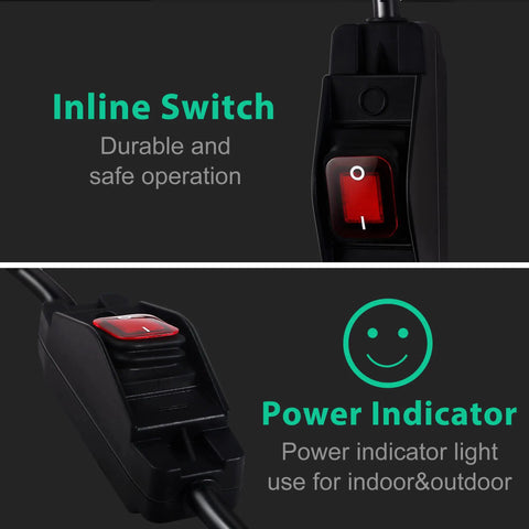 Close-up of red inline switch and power indicator on Heavy Duty Outdoor Waterproof Extension Cord With On Off Switch, 6 Foot SJTW Power Cable.
