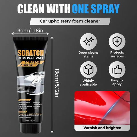 Tube of scratch removal wax with car illustration, 60ml size, labeled for deep cleans and stain protection.