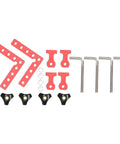 Dead Nuts On 90 Degree Woodworking Corner Clamping Jig features red metal brackets, black knobs, and assembly hardware for precision clamping.