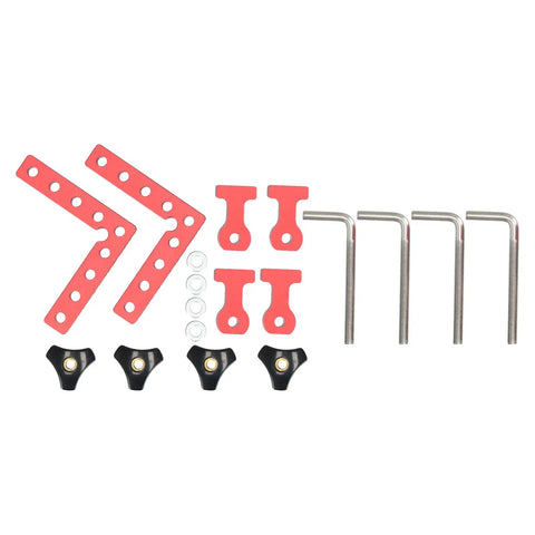 Dead Nuts On 90 Degree Woodworking Corner Clamping Jig features red metal brackets, black knobs, and assembly hardware for precision clamping.