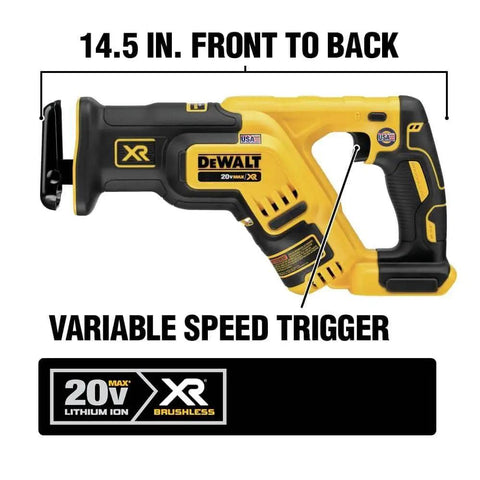 20V Max XR Cordless Reciprocating Saw Brushless Compact Design With 2.5x More Runtime shown with dimensions and branding