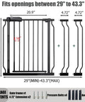 No Sweat Setup Extra Wide Baby Gate For Doorways And Stairs showing dimensions, adjustable size from 29 to 43.3 inches, black frame