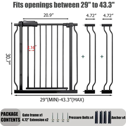 No Sweat Setup Extra Wide Baby Gate For Doorways And Stairs showing dimensions, adjustable size from 29 to 43.3 inches, black frame