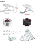LS Air Conditioner Bracket Kit For Sanden 508L And 709 Fits Camaro LS Engines And Truck Water Pumps Belt Tensioner Compatible Easy Install Plug And Play, showing parts with dimensions.