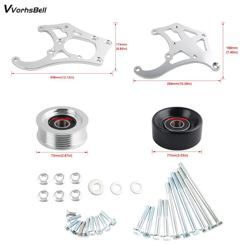 LS Air Conditioner Bracket Kit For Sanden 508L And 709 Fits Camaro LS Engines And Truck Water Pumps Belt Tensioner Compatible Easy Install Plug And Play, showing parts with dimensions.
