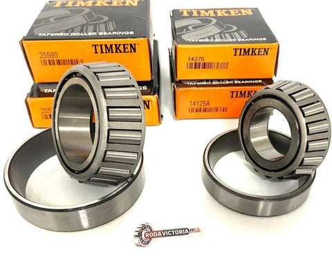 TIMKEN bearing replacement set with two tapered roller bearings and steel races; orange Timken boxes in background