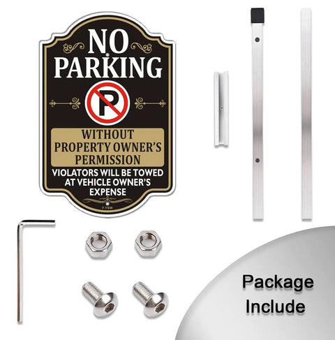 Package contents for Private Property No Parking Sign With 35 Inch Stakes, including sign, aluminum stakes, and mounting hardware.