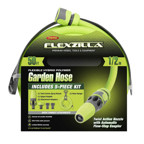 Garden Hose Kit with Quick Connect Attachments Lightweight Flexible Half Inch by Fifty Foot Hybrid Polymer Hose with Nozzle and Adapters
