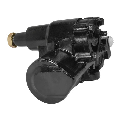 Heavy Duty Power Steering Box For GM 1500 2500 3500 Truck And Van 2002 To 2022 showing detailed side profile with brass fitting and black finish.